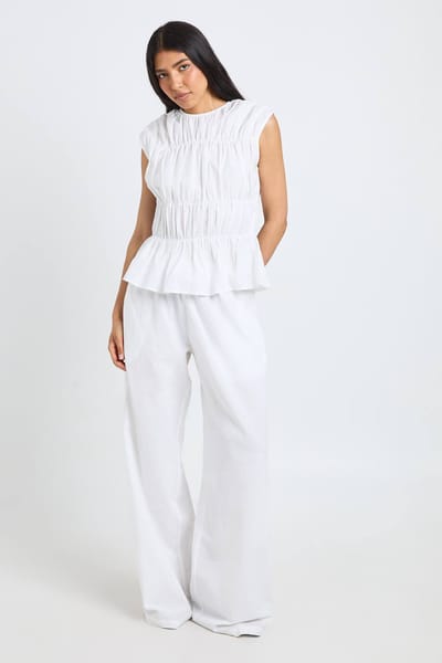 boohoo Dames Lange Linnen-look Top Met Shirring En Wijde Broek Co-ord | White | Maat: 10