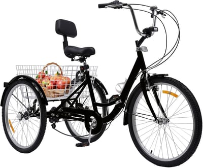 Driewieler voor volwassenen - Opvouwbare trike - Dagelijks gebruik - 7 versnellingen dubbele remmen - 24 inch wielmaat - Zwart