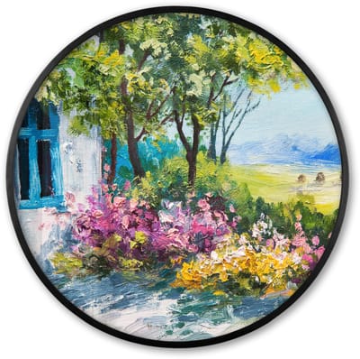 Poster in lijst Rond - Fotolijst 60x60 cm - Posters - Schilderij - Planten - Bloemen - Huis - Olieverf - Ronde posterlijst zwart - Decoratie - Wanddecoratie woonkamer - Muurdecoratie slaapkamer