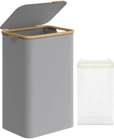 SONGMICS - Wasmand met deksel - 90L wasmand - Oxfordstof en bamboe handgrepen - opvouwbaar - 42 x 32 x 70,5 cm - grijs