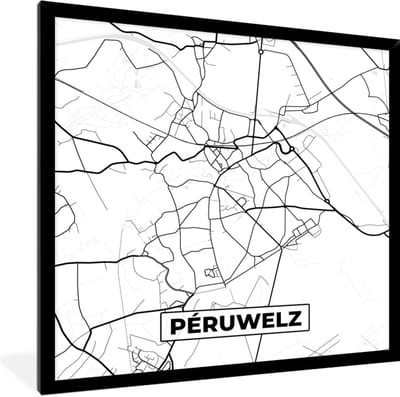 Fotolijst incl. Poster Zwart Wit- België – Péruwelz – Stadskaart – Kaart – Zwart Wit – Plattegrond - 40x40 cm - Posterlijst