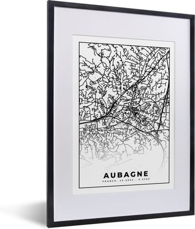 Fotolijst incl. Poster Zwart Wit- Plattegrond - Kaart - Frankrijk - Stadskaart - Aubagne - Zwart wit - 30x40 cm - Posterlijst