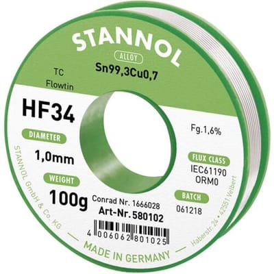 Stannol HF34 1,6% 1,0MM FLOWTIN TC CD 100G Soldeertin, loodvrij Spoel, Loodvrij Sn99,3Cu0,7 ORM0 100 g 1 mm