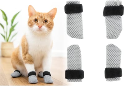 Honden sokken met antislip voor katten - Maat M - Ademend polyester met pluche voering - Lichtgewicht en elastisch - Voor koude seizoenen en binnenbescherming - Grijs - Set van 4 - Dierenaccessoires voor comfort en grip