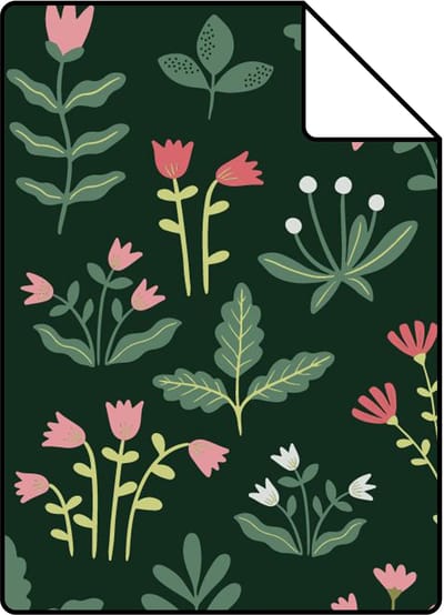 Proefstaal ESTAhome behang veldbloemen donkergroen en roze - 26.5 x 21 cm - 131099-S