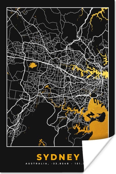 Poster Sydney - Stadskaart - Plattegrond - Goud - Kaart - 120x180 cm XXL