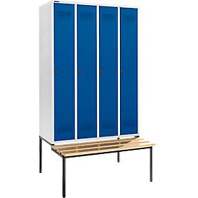 Schäfer Shop Genius Kledinglocker met zitbank, 4 compartimenten, 300 mm compartimentbreedte, veiligheidsdraaigrendelslot, lichtgrijs/gentiaanblauw