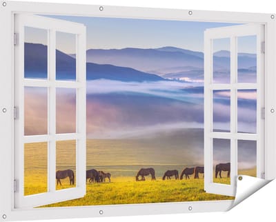 Gards Tuinposter Doorkijk Kudde Wilde Paarden in de Wei bij Heuvels - 150x100 cm - Tuindoek - Tuindecoratie - Wanddecoratie buiten - Tuinschilderij
