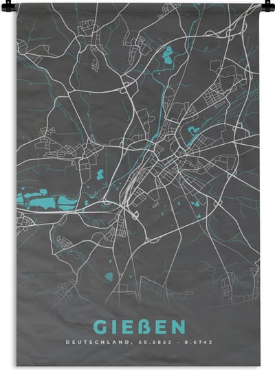 Wandkleed - Wanddoek - Blauw – Duitsland – Plattegrond – Stadskaart – Kaart – Gießen - 120x180 cm - Wandtapijt