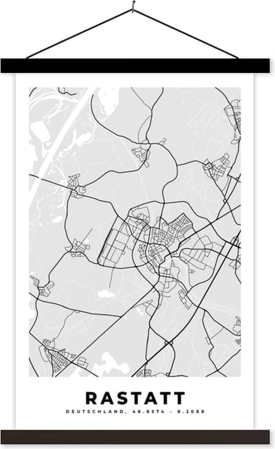 Posterhanger incl. Poster 40x60 cm - Schoolplaat - Rastatt - Stadskaart - Plattegrond - Duitsland - Kaart - Textielposter - Zwarte latten - Stadskaart