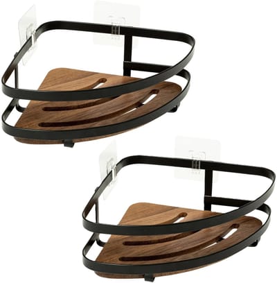 5Five Badkamer douche rekje organizer - 2x - zwart metaal/acacia hout - kleefstrip - 20 x 20 x 7 cm - hoek plaatsing