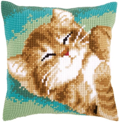 Vervaco - Kruissteekkussen kit - Spinnende kat - PN-0157982 - Borduren - Borduurpakket - Borduurpakket volwassenen - Borduurpakket kind
