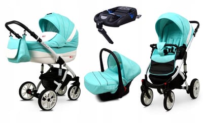 BabyLux® Kinderwagen 4in1 – LILLY - MINT - Opklapbare Wandelwagen incl. Reiswieg, Multifunctionele Buggy Sportstoel, Autostoel, ISOFIX basisstation - Combi-kinderwagen met Luiertas, Regenhoes, Klamboe