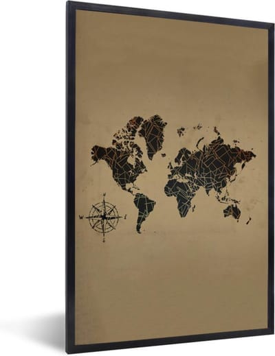 Poster in lijst - Fotolijst 60x90 cm - Posters - Wereldkaart - Zwart - Windroos - Posterlijst zwart - Decoratie - Wanddecoratie woonkamer - Muurdecoratie slaapkamer