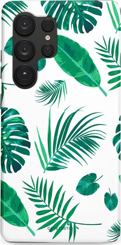 Casetastic Hoesje Geschikt voor Samsung S25 Ultra - Stijlvolle Beschermende Duo-layer Case - Groene Witte Jungle Bladeren Print