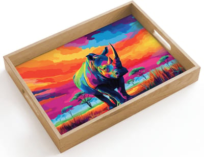 Dienblad hout 40x30 cm - Schootdienblad - Neushoorn - Zonsondergang - Savanna - Kleurrijk - Borrelplank rechthoek - Plateau dienbladen