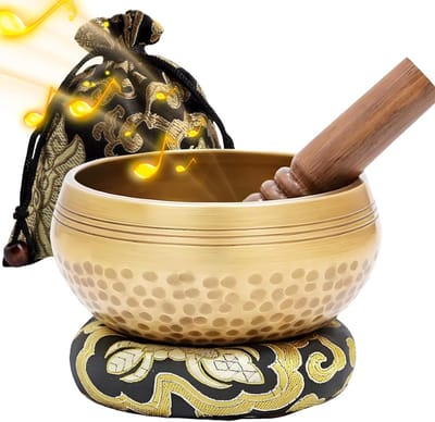 Klankschalenset, handgehamerd in Nepal voor meditatie, klankschaal met houten klopper, klankschalenkussen en opbergtas, voor yoga, meditatie en ontspanning, diameter 8 cm