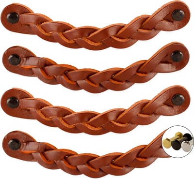 Leren handgrepen - Cognac - 4 stuks - Gevlochten - 16,5 x 2,5 cm - incl. 3 kleuren schroeven - handgrepen kast leer - meubelgrepen - handvaten kast - leren lus