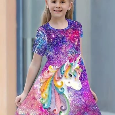 Robe de Fête Décontractée à Manches Courtes et Col Rond avec Impression Digitale Licorne Étoilée pour Filles 130 purple