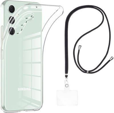 Set met hoesje en nekband voor Samsung Galaxy s23 fe - Flexibele, transparante TPU-bescherming, verstelbare universele nekband voor mobiele telefoons, zwarte nekband, transparante draagriem van Phonillico®