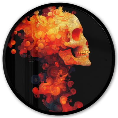 Poster in lijst Rond - Fotolijst 40x40 cm - Posters - Schedel - Oranje - Zijaanzicht - Vlammen - Ronde posterlijst zwart - Decoratie - Wanddecoratie woonkamer - Muurdecoratie slaapkamer