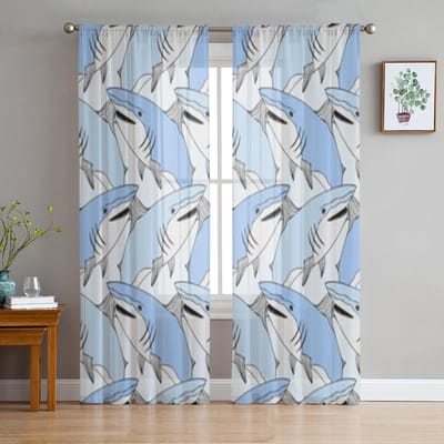 Schattig Haaienpatroon Transparante Raamgordijnen Voor Woonkamer Slaapkamer Moderne Voile Tule Gordijnen Stof Draperieën Voor Keuken 135W x 114H(cm) gray