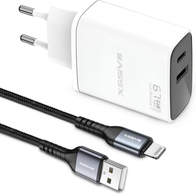 USB Stekker met USB-C en USB-A Poorten + Geschikt voor iPhone Kabel - Lightning naar USB-A Oplader - Xssive Origineel
