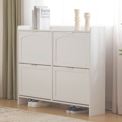 MODENUIT Schoenenkast - 4 Klepvakken En Open Vakken - Vrijstaand Voor Hal En Entree - Spaanplaat Wit - 110x24x90 Cm