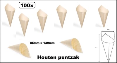 100x Amuse houten puntzak conisch 85mmx130mm - middel - Amuse tapas snack schaal cup bakje kerst gala huwelijk festival koken restaurant