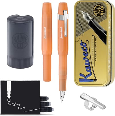 Kaweco - Cadeauset - (5delig) - Vulpen FROSTED SPORT MANDARIN Fountain Pen - Breed - Vintage blikje - Oktogonal Clip Chrome - Patronen houder zwart - Vullingen