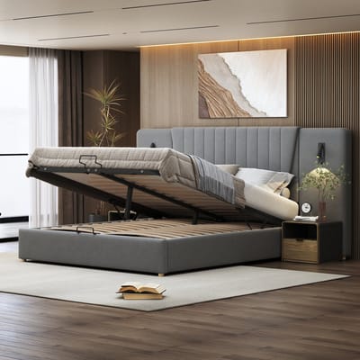 Wishdor Opbergbed 180x200 cm - Met Extra Lang Hoofdbord & Draaibare Leeslampen - Inclusief USB - Luxe & Compleet - Fluweel - Grijs