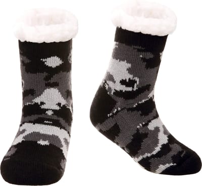 JAXY - Huissokken Dames - Verwarmde Sokken - Anti Slip Sokken - Huissokken - Bedsokken - Warme Sokken - Kerstcadeau Voor Vrouwen - Thermosokken - Dikke Sokken - Fluffy Sokken - Kerstsokken Dames en Heren - Maat 32-35 - Camo Donkergrijs