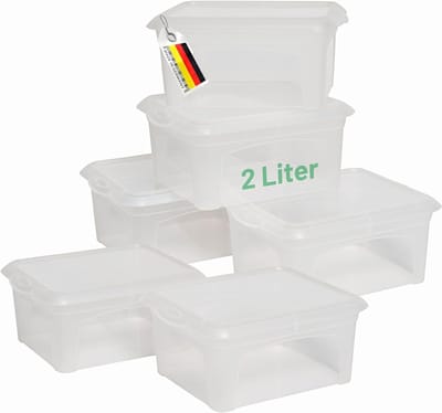 6x opbergdozen met deksel klein 2 L transparant nestbaar stapelbaar kunststof dozen met clipsluiting kunststof BPA-vrij 20x16,5x9 cm