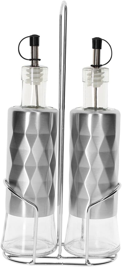 Cheffinger, Roestvrijstalen glazen flessen voor olie en azijn, 2x320ml met stevige houder, Zilver