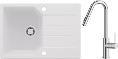 Anycee MAX Granieten Spoelbak 65x45CM - Spoelbakken Keuken Wit - Wasbak Keuken Met Keukenkraan met uittrekbare uitloop - Spoelbak Met Planchet en Afdruiprek - Spoelbakken Incl. Sifon en Afvoerzeefje