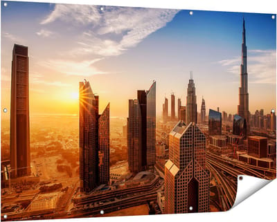 Gards Tuinposter Dubai Stad bij Zonsopgang - 150x100 cm - Tuindoek - Tuindecoratie - Wanddecoratie buiten - Tuinschilderij