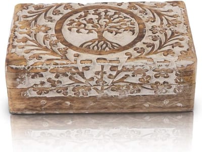 Handgemaakte Decoratieve Houten Sieraden Doos - Levensboom Carving - Unieke Bewaarbox - 20 x 12 cm