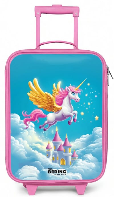NoBoringSuitcases.com® - Kinderkoffer roze - Kindertrolley meisje - Vliegende eenhoorn met gouden vleugels boven kasteel - Koffer kind lichtgewicht - Reiskoffer trolley voor kinderen - Koffertje met lichtgevende wieltjes - Rolkoffer
