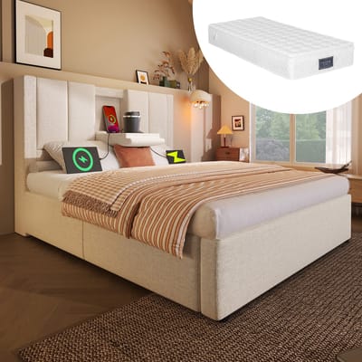 Gutent-Gestoffeerd bed 90x200 cm eenpersoonsbed-hydraulisch bed met opbergruimte onder het bed-linnen beige (met matras)