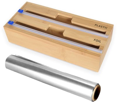 Dailygoods - 2-in-1 wikkeldispenser met snijder, plastic folie, aluminiumfolie en waspapierdispenser voor keukenlade, filmdispenser en snijder, keukenwikkelorganizer gemaakt van bamboemateriaal
