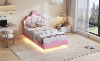 Kinderbed 90x200 cm roze met LED-hoofdbord en LED-voeteneinde, gestoffeerd eenpersoonsbed voor meisjes