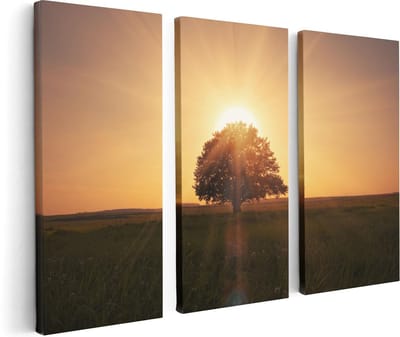 Artaza Canvas Schilderij Drieluik Zonsondergang Achter Een Grote Boom - 120x80 - Foto Op Canvas - Canvas Print