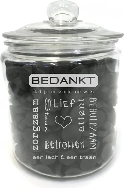 Grote snoeppot /koekpot (zonder drop) met tekst gravure: BEDANKT DAT JE ER VOOR ME WAS. Cadeau-bedankje speciaal iemand. Dik sterk glas. Het formaat is 25cm incl. deksel, 19cm doorsnede, inhoud 3,8 liter.