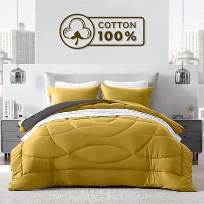 Sleep Comfy Cottiva Series - All Year Dekbed zonder overtrek - Geel & Antraciet | 140x200 cm - Wasbaar hoesloos dekbed - Binnen & Buiten - 100% Katoen - Met Kussenslopen| Dekbed in Kleur - OEKO Green - Droogt Snel