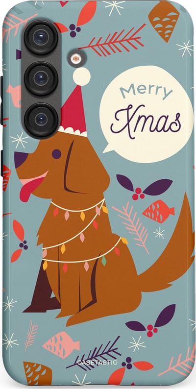 Casetastic hoesje geschikt voor Samsung Galaxy S25 - Dubbellaagse bescherming - Merry Christmas Hond - Fashion Case - Zilver Bruin Saliegroen Rood