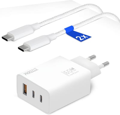 65w usb C Adapter met 3 Poorten + 1 Meter usb-C Kabels - Snellader voor Laptop, Smartphone en Tablet - Universele usb-C Oplader