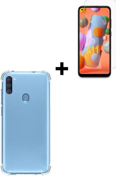 Geschikt voor Samsung Galaxy A11 hoes TPU Silicone Case hoesje met versterkte randen Transparant + Screenprotector Tempered Gehard Glas Pearlycase