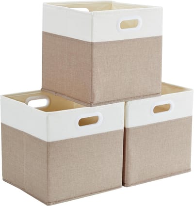 Grote stoffen opbergmanden voor Kallax Box - 33x38x33 cm - Set van 3 - Licht kaki en wit