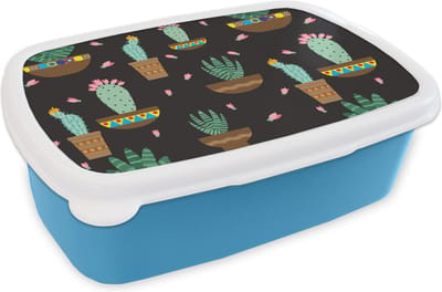 Broodtrommel Blauw - Lunchbox - Brooddoos - Cactus - Patronen - Planten - 18x12x6 cm - Kinderen - Jongen