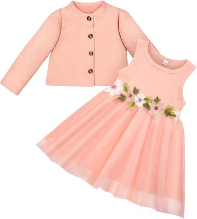 Jurk en vest voor babymeisjes, 2-delige mouwloze jurk met bloemenprint en jas met lange mouwen voor kleine meisjes, verjaardag, feest, bruiloft, vakantie